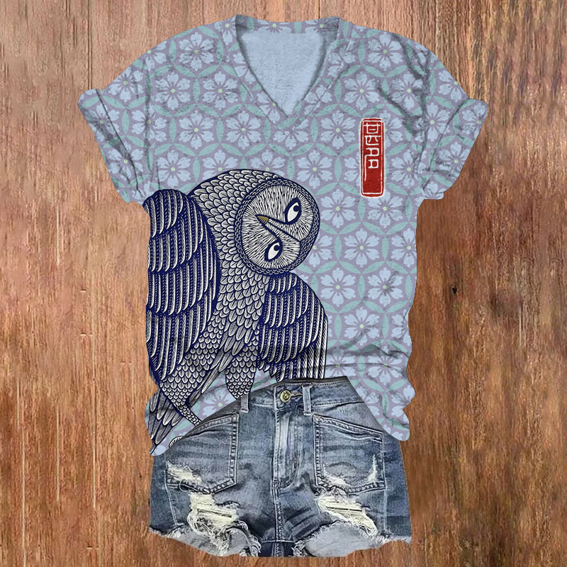 Japanese Owl & Kimono Pattern Print Short Sleeved V-Neck T-Shirt - Blue - US32-34(5XL) - image 1