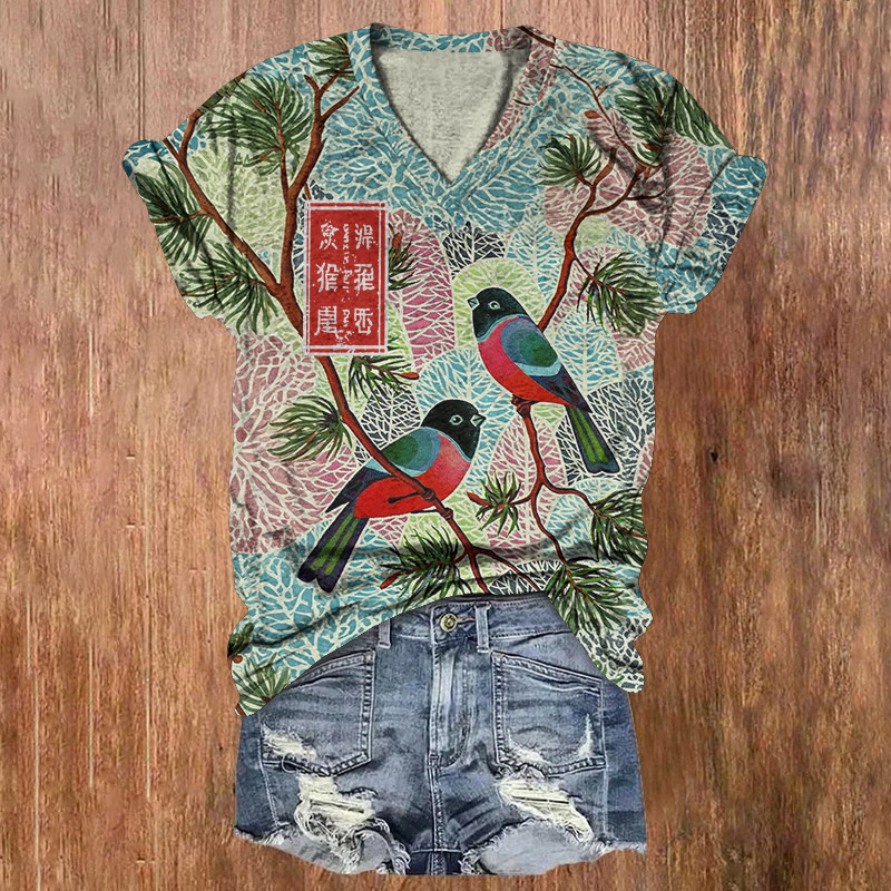 Vintage Color World Birds Pattern Print Short Sleeved V-Neck T-Shirt - Green - US32-34(5XL) - image 1