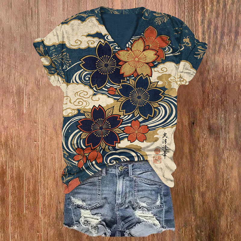 Japanese Ukiyo-E Style Cherry Blossoms Pattern Print Short Sleeved V-Neck T-Shirt - Dark Blue - US32-34(5XL) - image 1