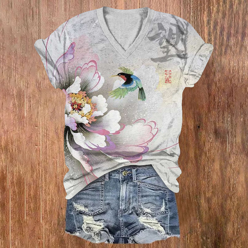 Zen Lotus And Hummingbird Pattern Print Short Sleeved V-Neck T-Shirt - Light Gray - US32-34(5XL) - image 1