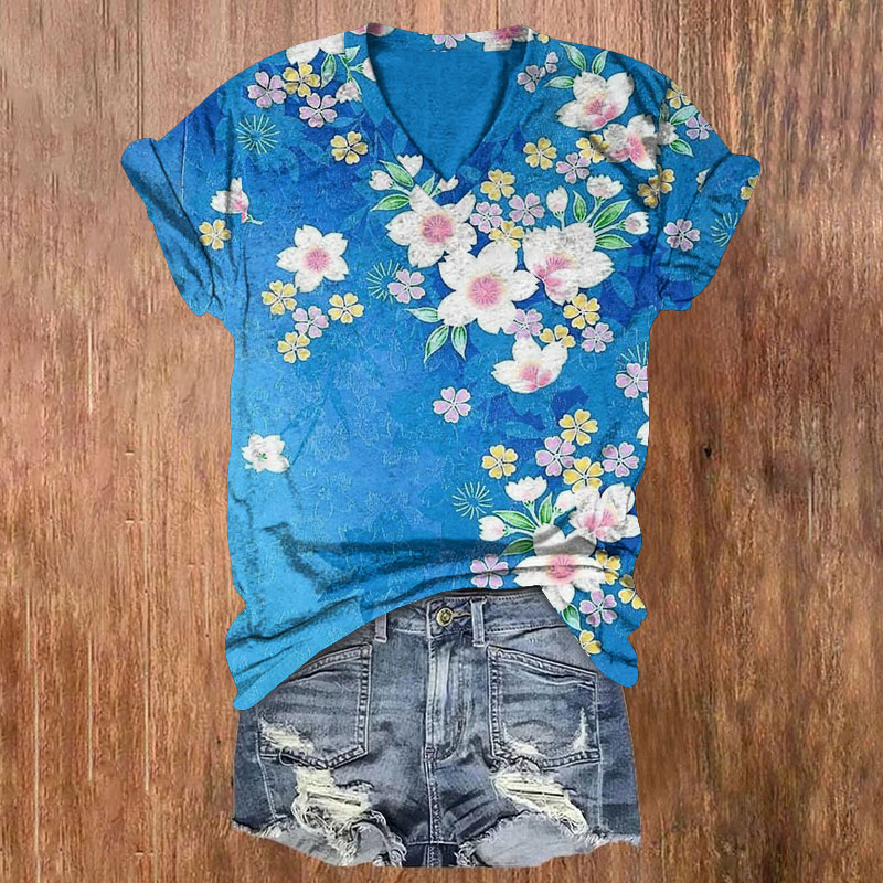 Japanese Sarura Cherry Blossoms Pattern Print Short Sleeved V-Neck T-Shirt - Blue - US32-34(5XL) - image 2