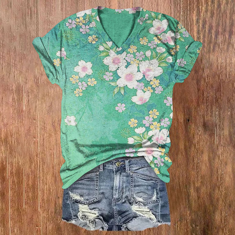 Japanese Sarura Cherry Blossoms Pattern Print Short Sleeved V-Neck T-Shirt - Green - US32-34(5XL) - image 1