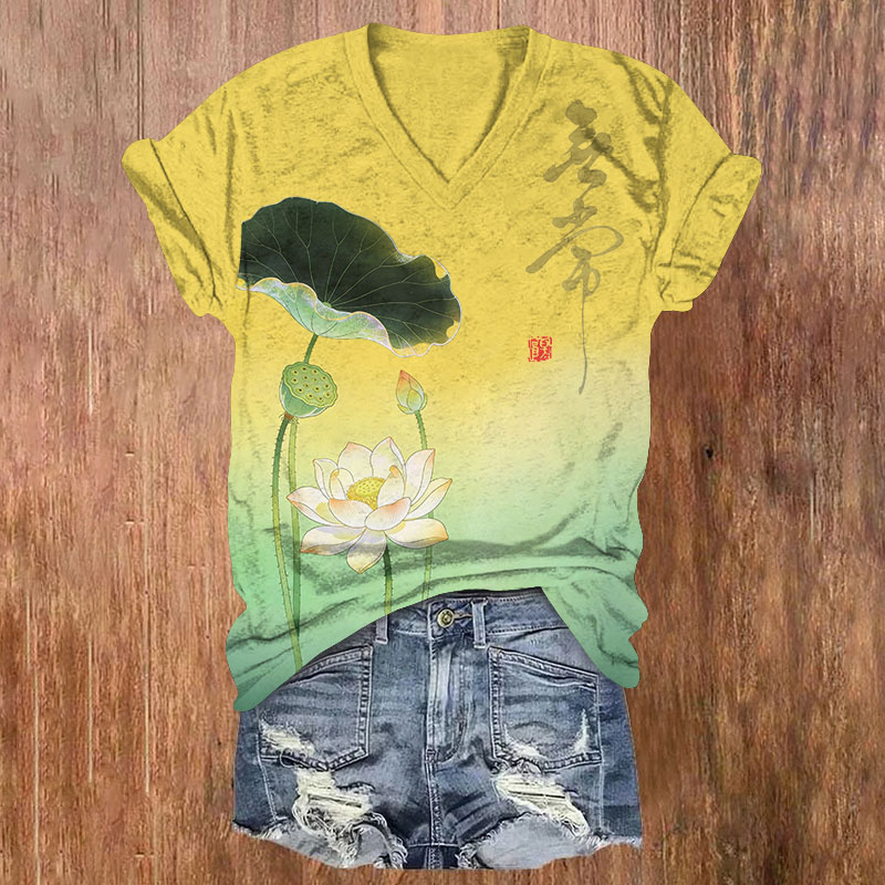 Vintage Lotus Flower Color Gradient Pattern Print Short Sleeved V-Neck T-Shirt - Yellow - US32-34(5XL) - image 1