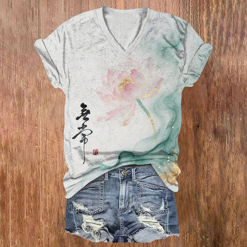 Zen Smoke Lotus Pattern Print Short Sleeved V-Neck T-Shirt - White - US32-34(5XL) - image 1