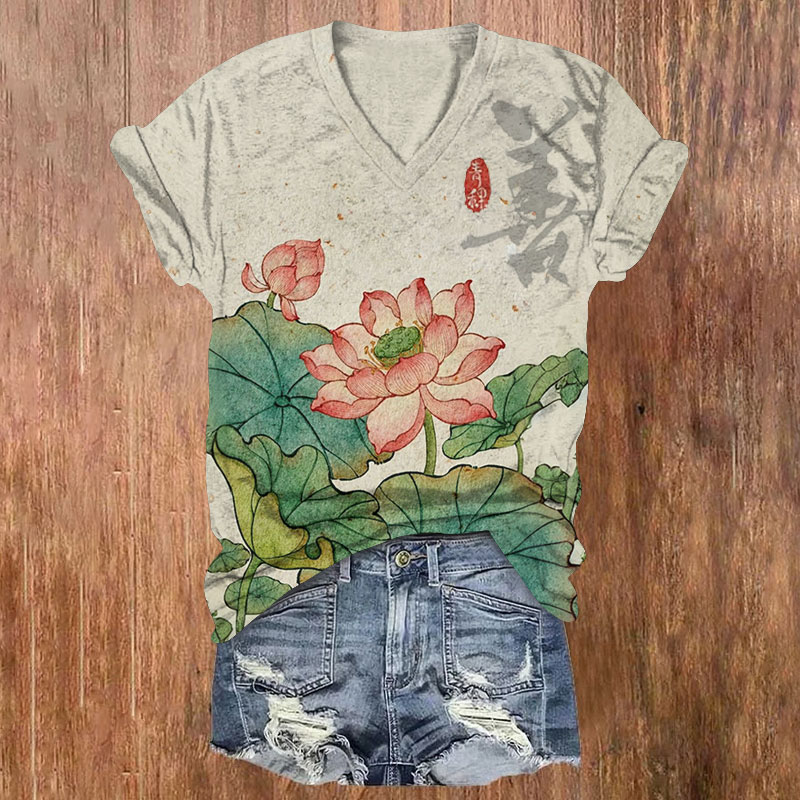 Vintage Ukiyo-E Style Lotus Pattern Print Short Sleeved V-Neck T-Shirt - Apricot - US32-34(5XL) - image 1