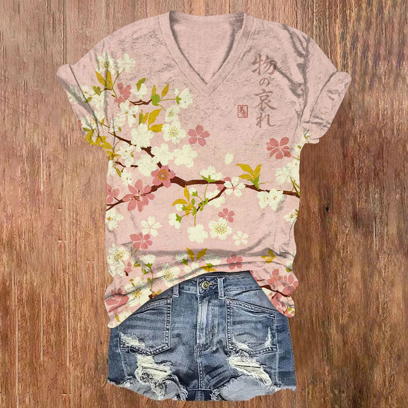 Japanese Reflections On Cherry Blossoms Pattern Print Short Sleeved V-Neck T-Shirt - Pink - US32-34(5XL) - image 1