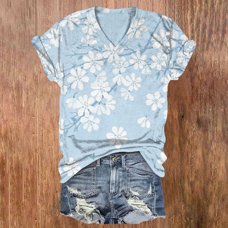 Japanese Soft Cherry Blossoms Pattern Print Short Sleeved V-Neck T-Shirt - Light Blue - US32-34(5XL) - image 2