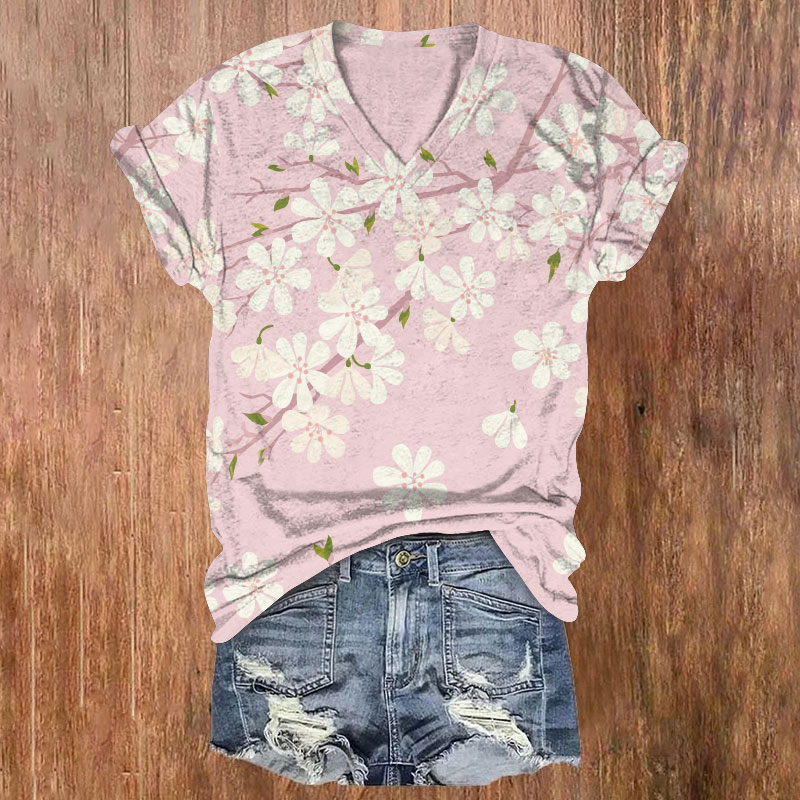 Japanese Soft Cherry Blossoms Pattern Print Short Sleeved V-Neck T-Shirt - Pink - US32-34(5XL) - image 1