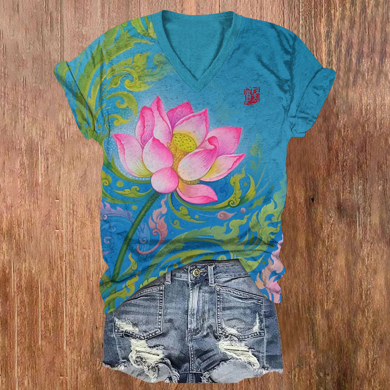 Zen Smeditation Lotus Pattern Print Short Sleeved V-Neck T-Shirt - Blue - US32-34(5XL) - image 1