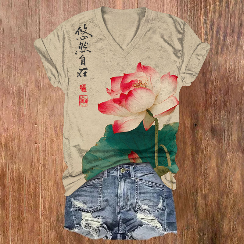 Vintage Ukiyo-E Lotus Mood Pattern Print Short Sleeved V-Neck T-Shirt - Apricot - US32-34(5XL) - image 1