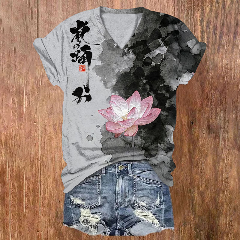 Vintage Ink-Wash Lotus Pattern Print Short Sleeved V-Neck T-Shirt - Grey - US32-34(5XL) - image 1