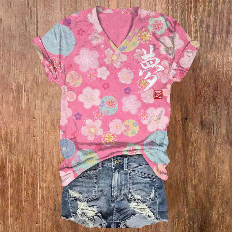Japanese Sakura Temari Pattern Print Short Sleeved V-Neck T-Shirt - Pink - US32-34(5XL) - image 1