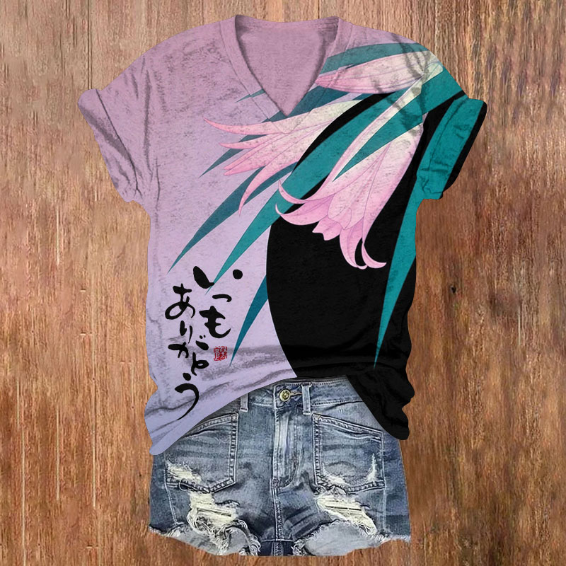 Japanese Lily Gradient Pattern Print Short Sleeved V-Neck T-Shirt - Purple - US32-34(5XL) - image 1