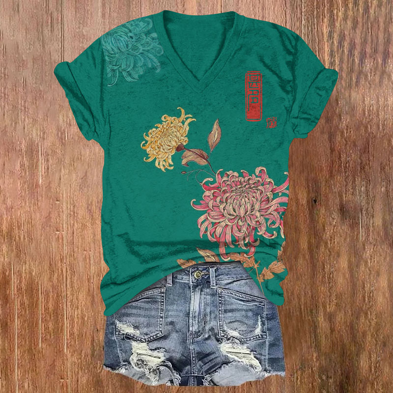 Vintage Ukiyo-E Style Chrysanthemum Pattern Print Short Sleeved V-Neck T-Shirt - Green - US32-34(5XL) - image 1