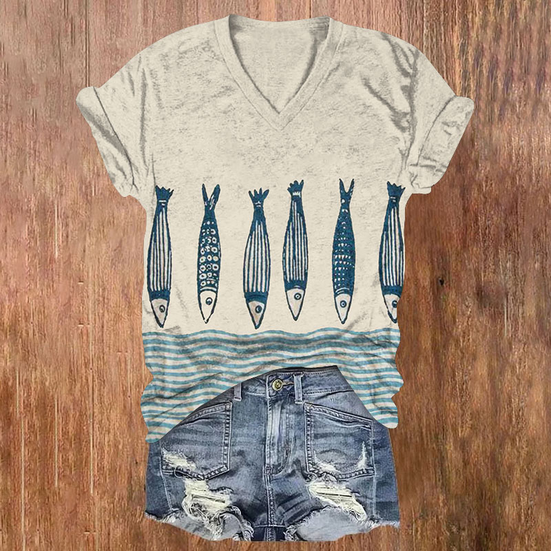Japanese Sardines Pattern Print Short Sleeved V-Neck T-Shirt - Apricot - US32-34(5XL) - image 1