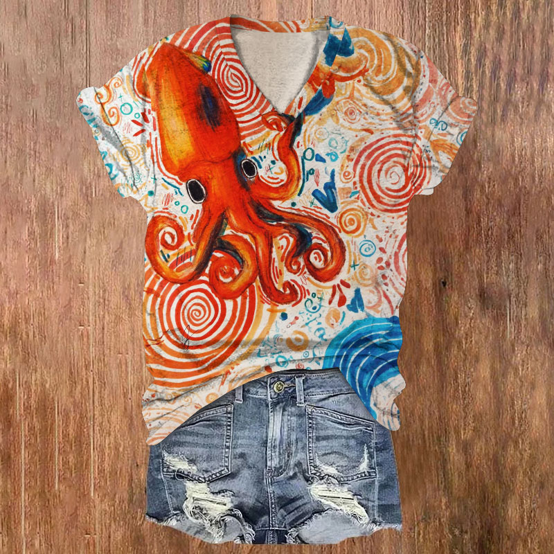 Ocean Doodle Octopus Pattern Print Short Sleeved V-Neck T-Shirt - Orange - US32-34(5XL) - image 1