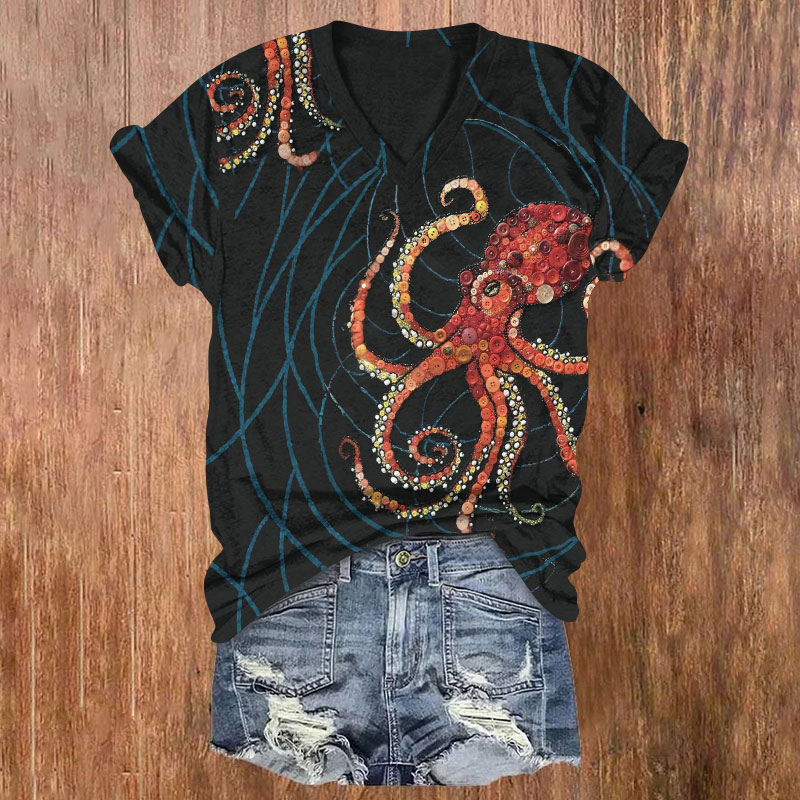 Ocean Button Octopus Pattern Print Short Sleeved V-Neck T-Shirt - Black - US32-34(5XL) - image 1