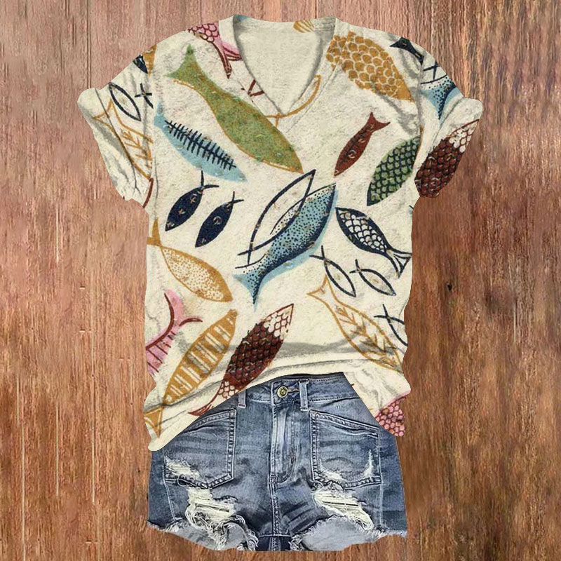 Japanese Retro Colorful Fishes Pattern Print Short Sleeved V-Neck T-Shirt - Apricot - US32-34(5XL) - image 1