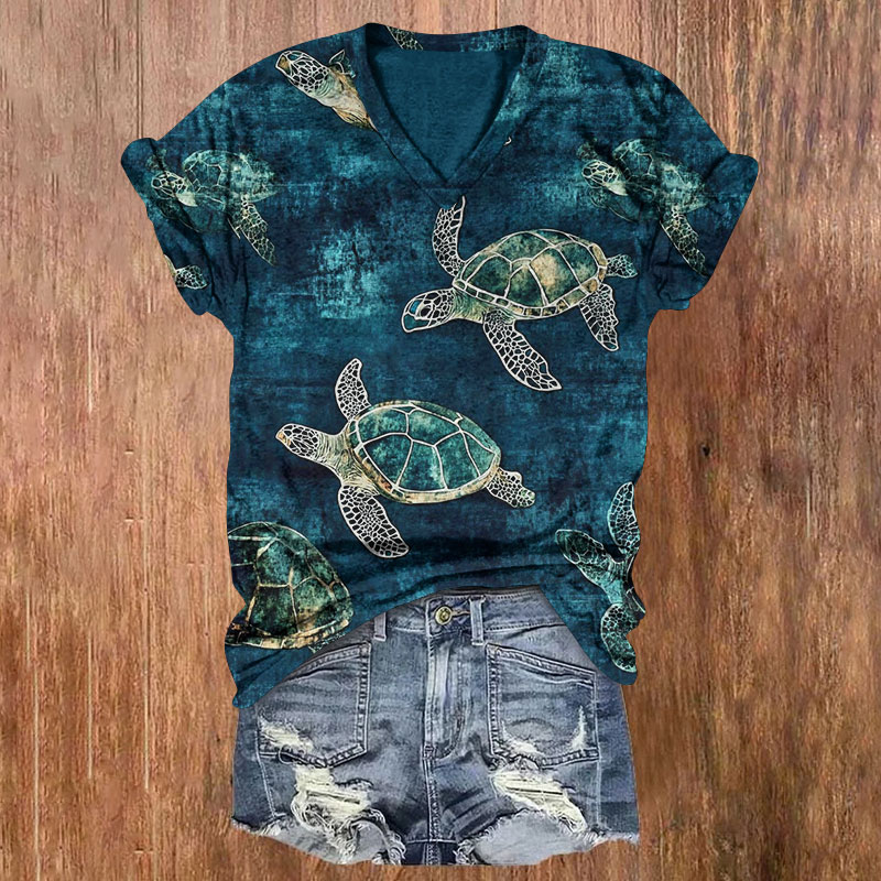 Ocean Deep-Water Sea Turtle Pattern Print Short Sleeved V-Neck T-Shirt - Dark Blue - US32-34(5XL) - image 1