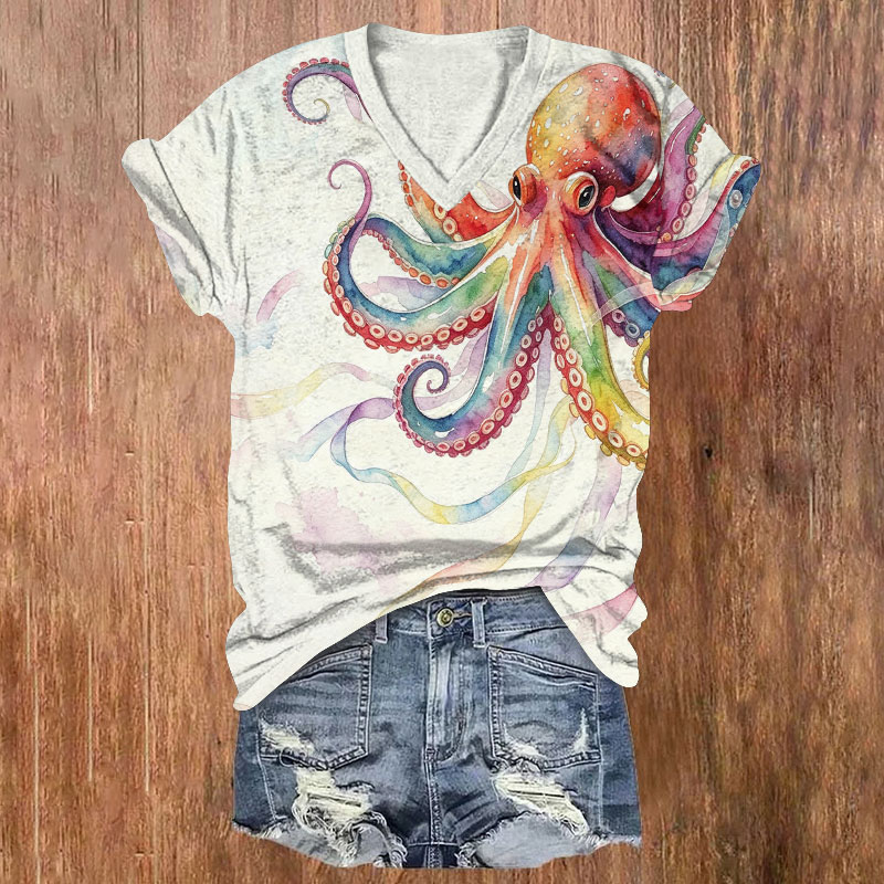 Ocean Watercolor Octopus And Ribbons Pattern Print Short Sleeved V-Neck T-Shirt - Beige - US32-34(5XL) - image 1