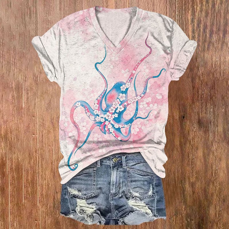 Ocean Watercolor Cherry Blossom Octopus Pattern Print Short Sleeved V-Neck T-Shirt - Blue - US32-34(5XL) - image 1