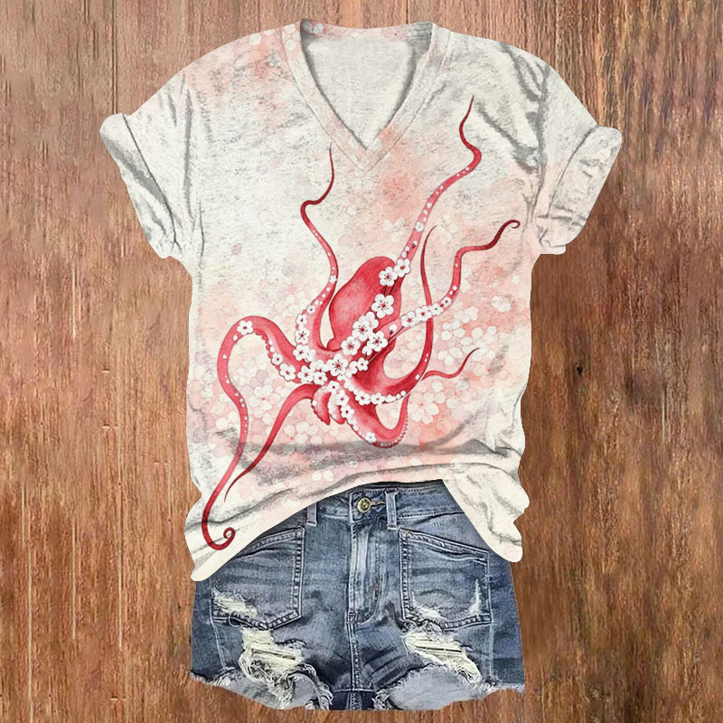 Ocean Watercolor Cherry Blossom Octopus Pattern Print Short Sleeved V-Neck T-Shirt - Red - US32-34(5XL) - image 2