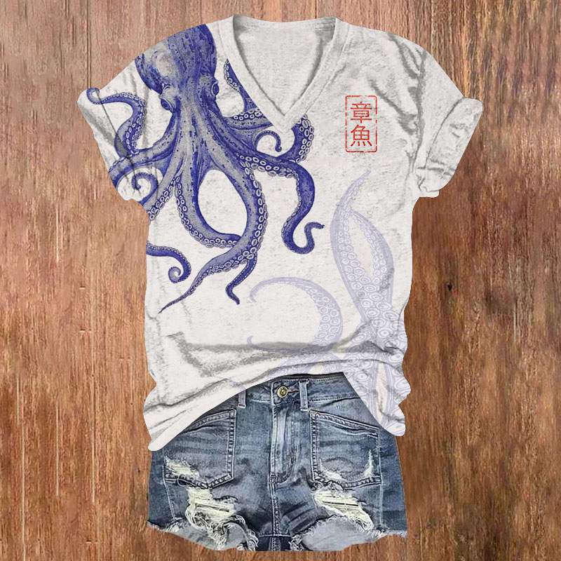 Japanese Sketch Of Octopus Pattern Print Short Sleeved V-Neck T-Shirt - White - US32-34(5XL) - image 1