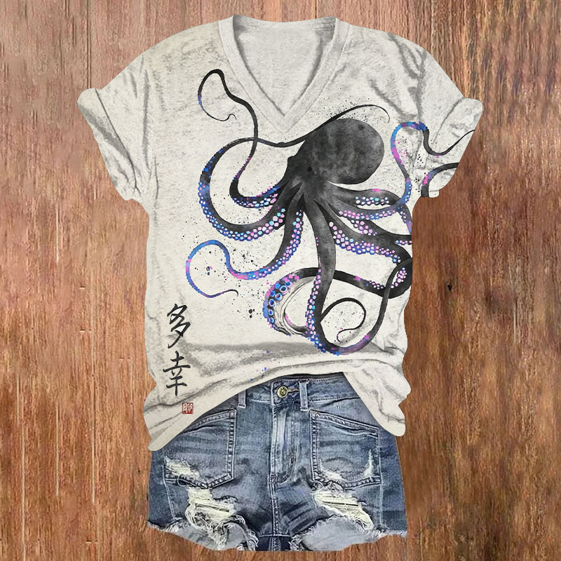 Japanese Dancing Octopus Pattern Print Short Sleeved V-Neck T-Shirt - Beige - US32-34(5XL) - image 1