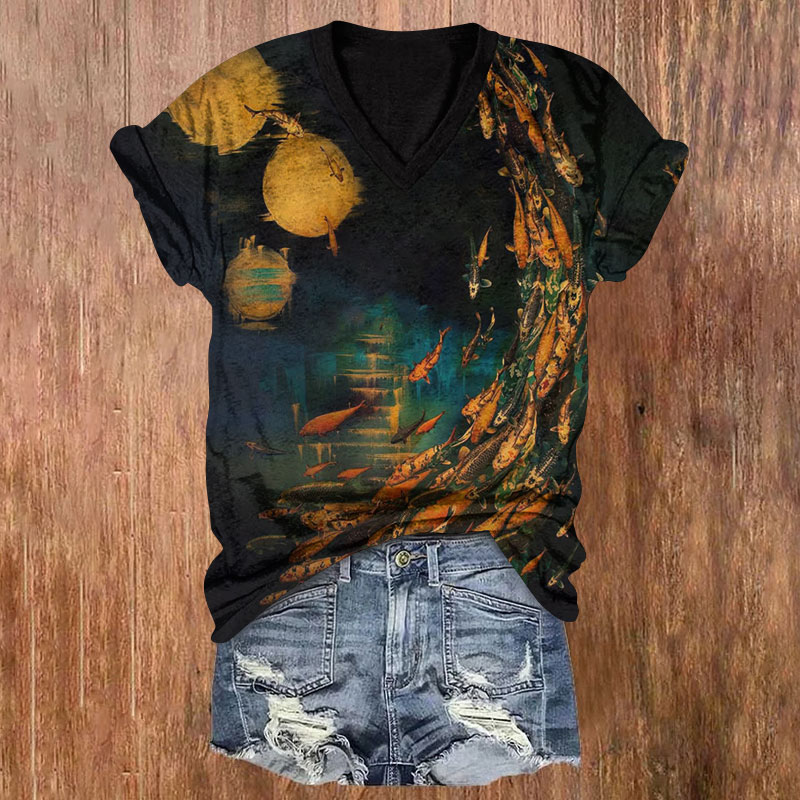 Ocean Fishes&Moon Reflection Pattern Print Short Sleeved V-Neck T-Shirt - Black - US32-34(5XL) - image 1