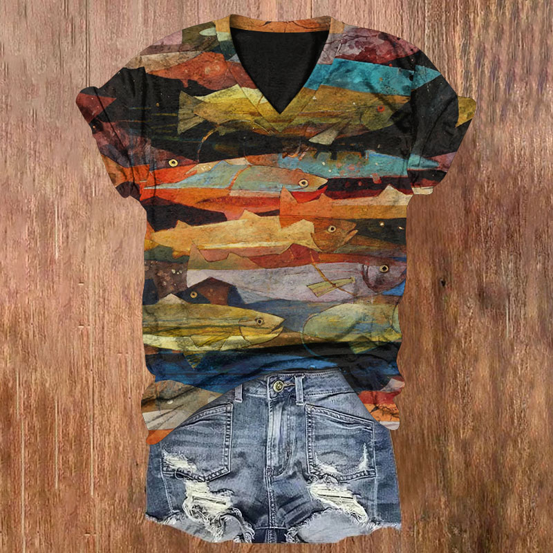 Japanese Multicolored Sardine Pattern Print Short Sleeved V-Neck T-Shirt - Black - US32-34(5XL) - image 1
