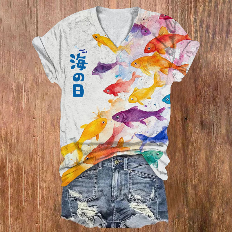 Japanese Summer Rainbow Fishes Pattern Print Short Sleeved V-Neck T-Shirt - White - US32-34(5XL) - image 1