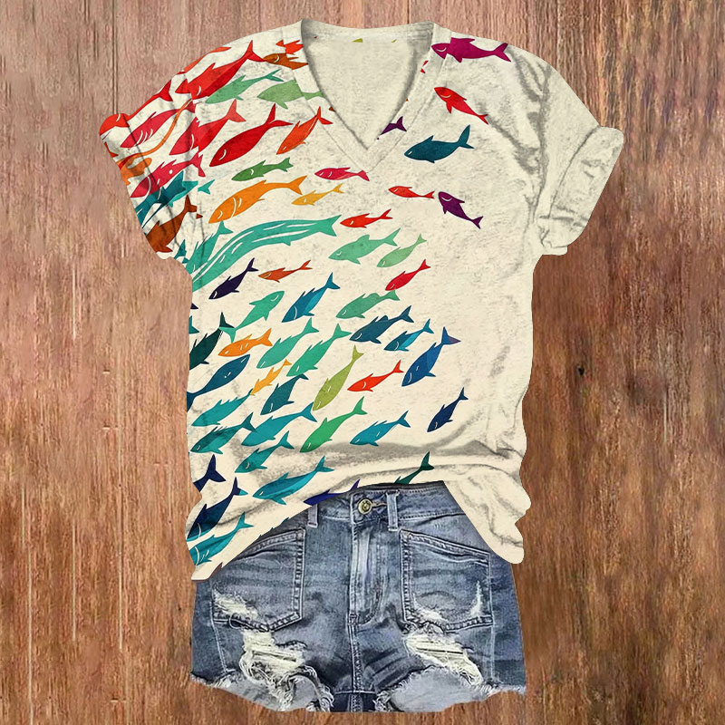 Japanese A School Of Colorful Fish Pattern Print Short Sleeved V-Neck T-Shirt - Apricot - US32-34(5XL) - image 1