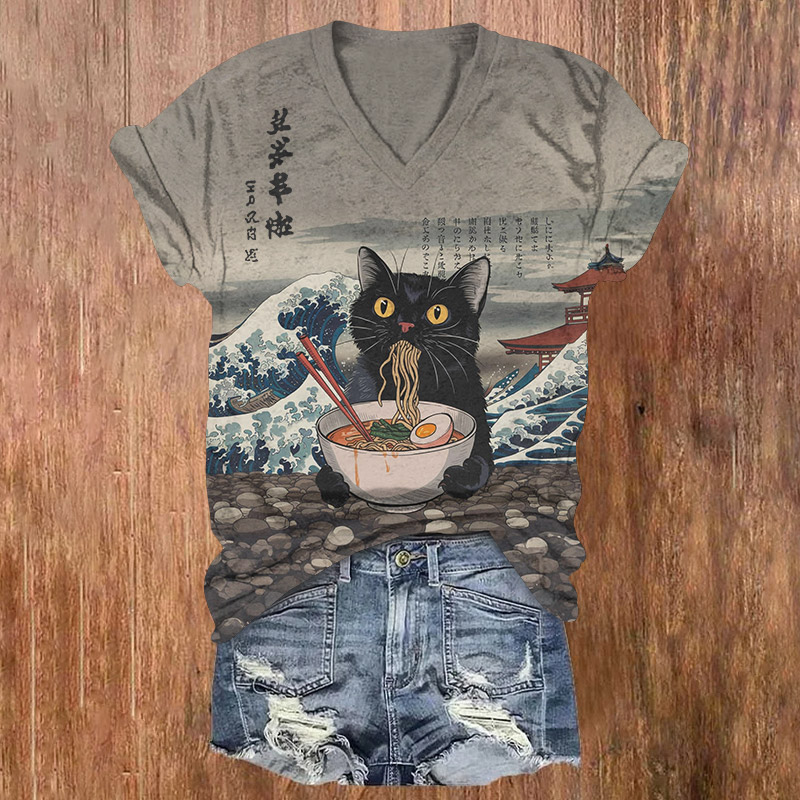 Japanese Ramen Black Cat Pattern Print Short Sleeved V-Neck T-Shirt - Grey - US32-34(5XL) - image 1