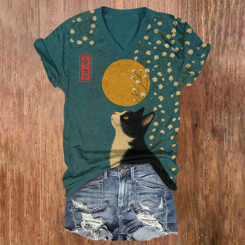 Japanese Black Cat With Baby's Breath Pattern Print Short Sleeved V-Neck T-Shirt - Dark Green - US32-34(5XL) - image 1