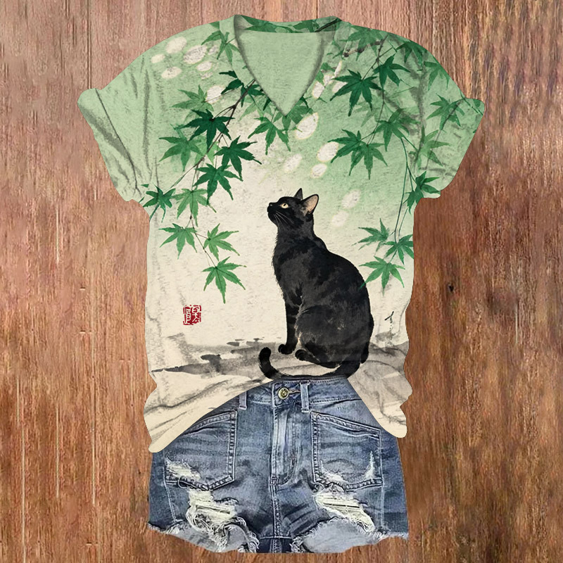 Vintage Maple Leaf And Cat Pattern Print Short Sleeved V-Neck T-Shirt - Green - US32-34(5XL) - image 1