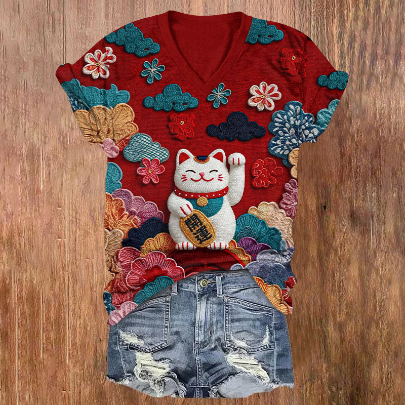 Japanese Lucky Cat (Maneki-Neko) Pattern Print Short Sleeved V-Neck T-Shirt - Wine - US32-34(5XL) - image 1