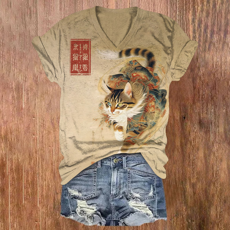Japanese Kimono Cat Pattern Print Short Sleeved V-Neck T-Shirt - Apricot - US32-34(5XL) - image 1