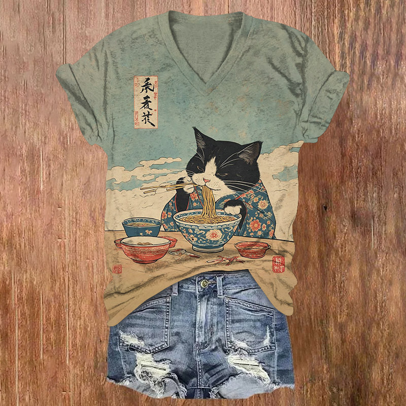 Japanese Ramen Kimono Cat Pattern Print Short Sleeved V-Neck T-Shirt - Light Blue - US32-34(5XL) - image 1