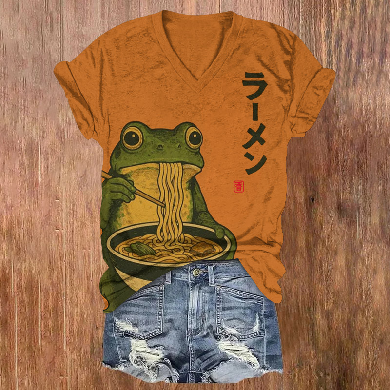 Japanese Ramen Frog Pattern Print Short Sleeved V-Neck T-Shirt - Orange - US32-34(5XL) - image 1