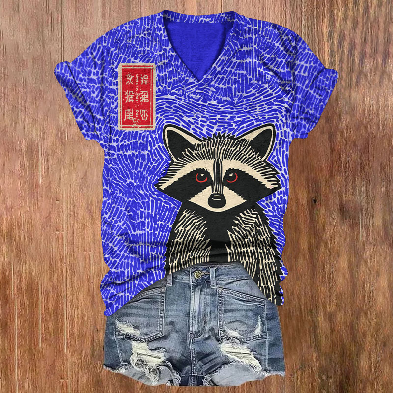 Japanese Carved Wooden Raccoon Pattern Print Short Sleeved V-Neck T-Shirt - Blue - US32-34(5XL) - image 2