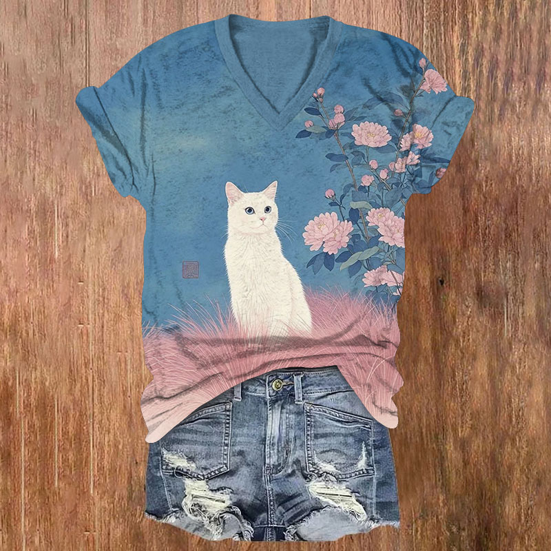 Japanese White Cat And Flowers Pattern Print Short Sleeved V-Neck T-Shirt - Pink - US32-34(5XL) - image 1