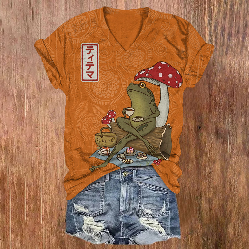 Japanese Resting Frog Pattern Print Short Sleeved V-Neck T-Shirt - Orange - US32-34(5XL) - image 2