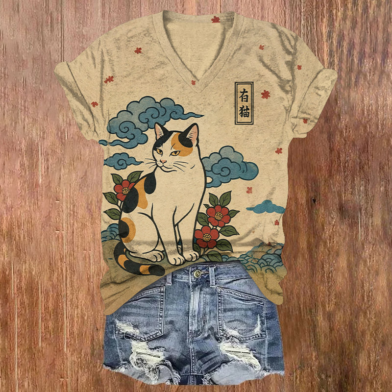 Japanese Calico Cat Pattern Print Short Sleeved V-Neck T-Shirt - Apricot - US32-34(5XL) - image 1