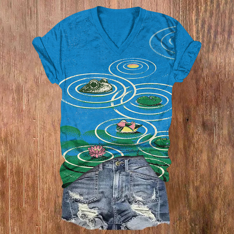 Japanese Lotus Pond & Frog Pattern Print Short Sleeved V-Neck T-Shirt - Lake Blue - US32-34(5XL) - image 1