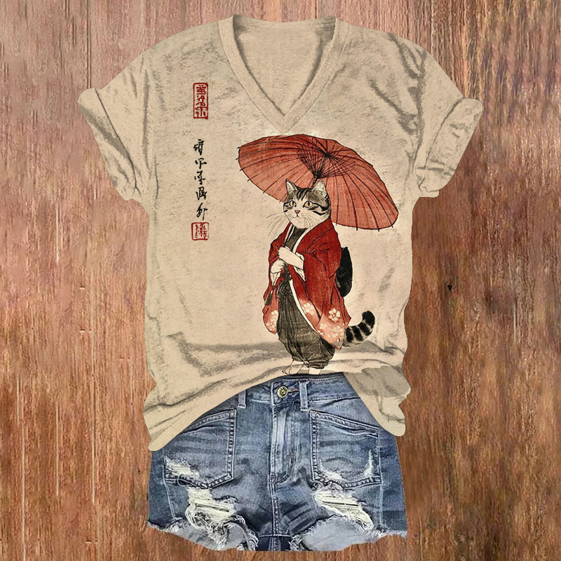 Japanese Elegant Kimono Cat Pattern Print Short Sleeved V-Neck T-Shirt - Apricot - US32-34(5XL) - image 1