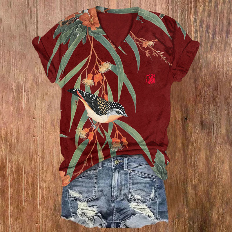 Japanese Vintage Little Bird Pattern Print Short Sleeved V-Neck T-Shirt - Red - US32-34(5XL) - image 3