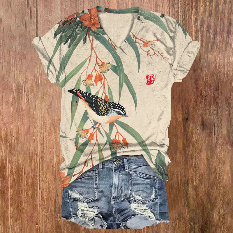 Japanese Vintage Little Bird Pattern Print Short Sleeved V-Neck T-Shirt - Beige - US32-34(5XL) - image 2