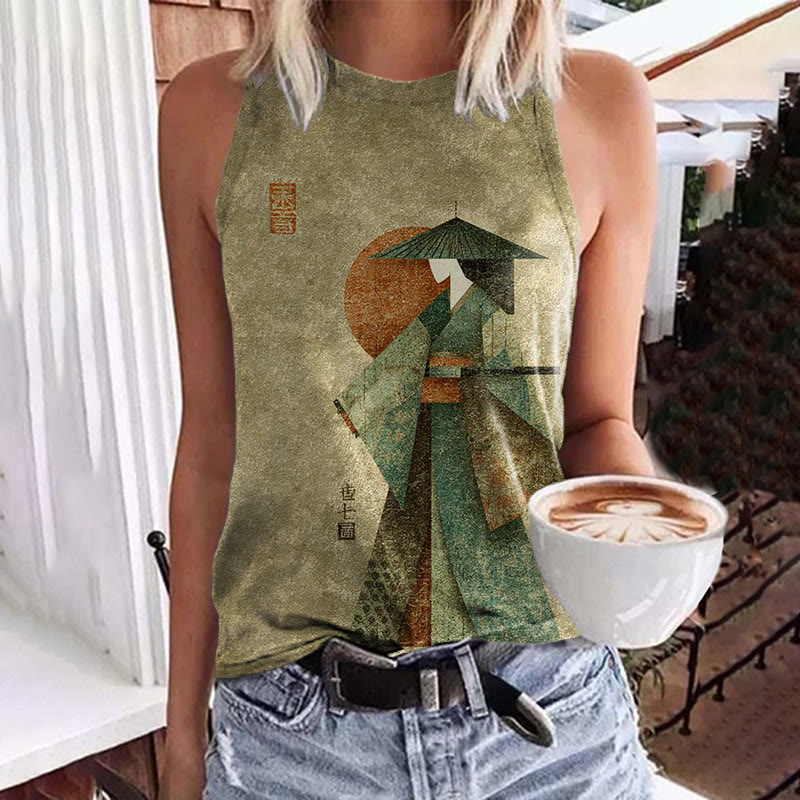 Japanese Warrior Samurai Pattern Print Crew Neck Tank Top - Olive Green - 5XL - image 1