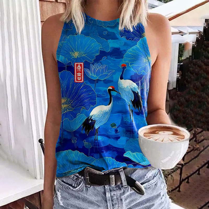 Japanese Vintage Lotus Pond Cranes Pattern Print Crew Neck Tank Top - Blue - 5XL - image 1