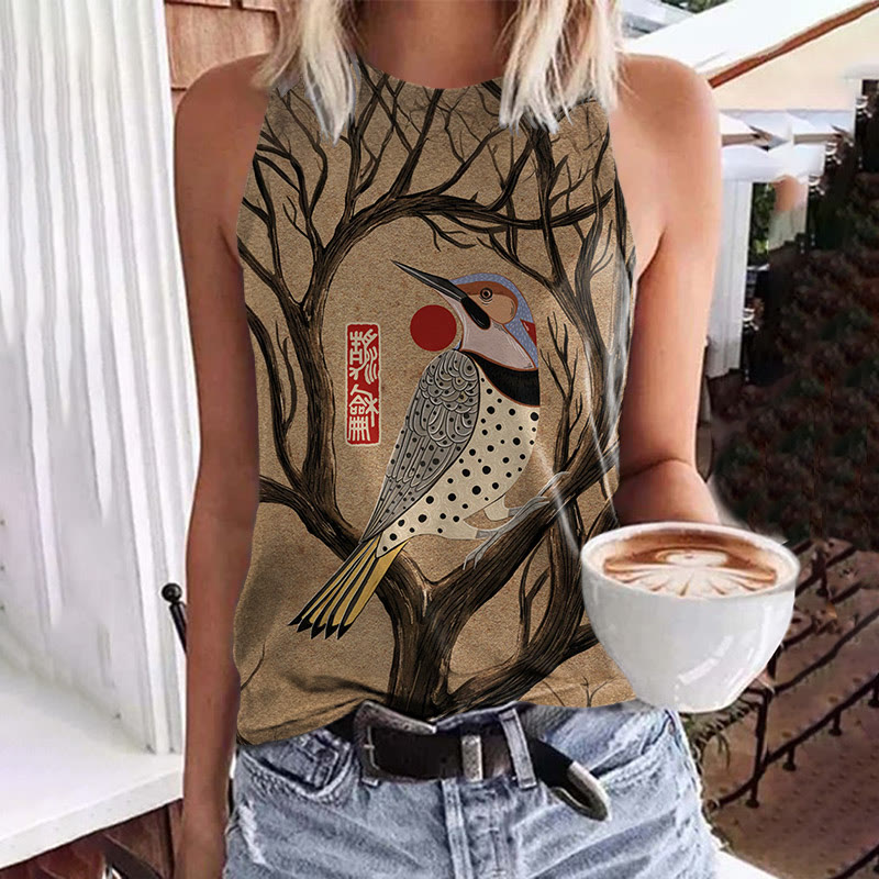 Japanese Geometric Bird Pattern Print Crew Neck Tank Top - Khaki - 5XL - image 1